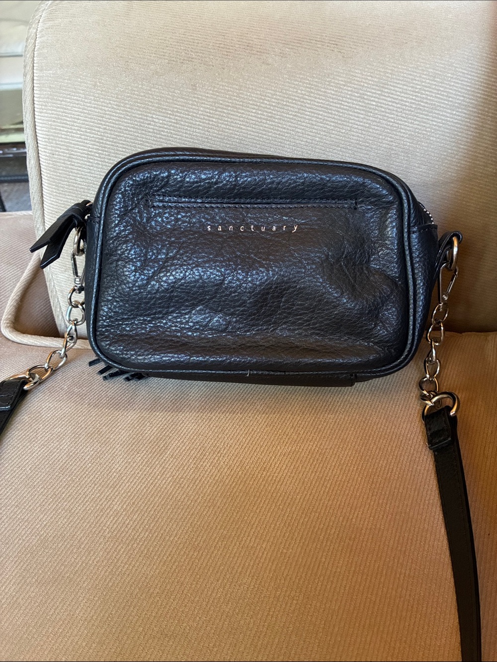 Sanctuary Black Leather Chain-Strap Crossbody